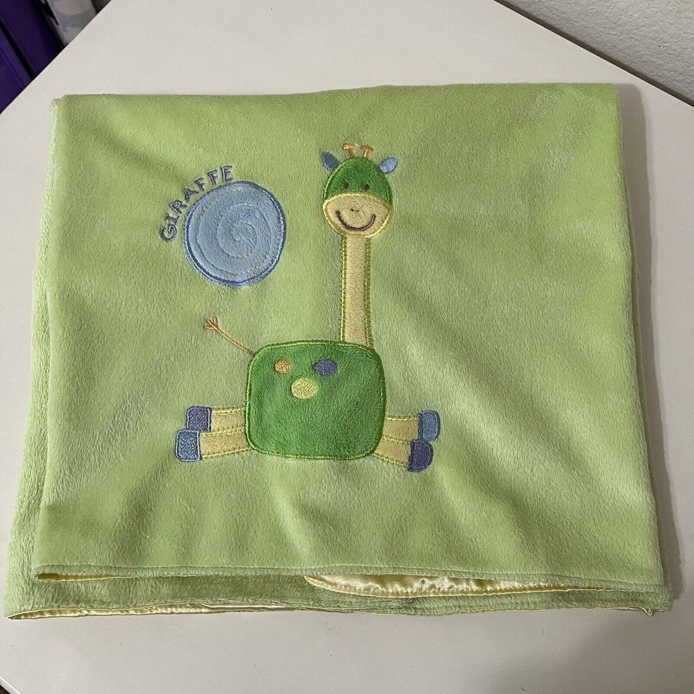 Blankets & Beyond Green Giraffe Baby Blanket Yellow Satin Back Lovey Lovie